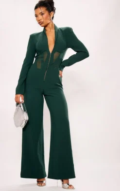 Emerald Green Mesh Panel Tailored Wide Leg Jumpsuit
