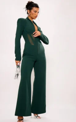 Emerald Green Mesh Panel Tailored Wide Leg Jumpsuit