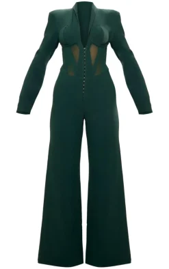 Emerald Green Mesh Panel Tailored Wide Leg Jumpsuit