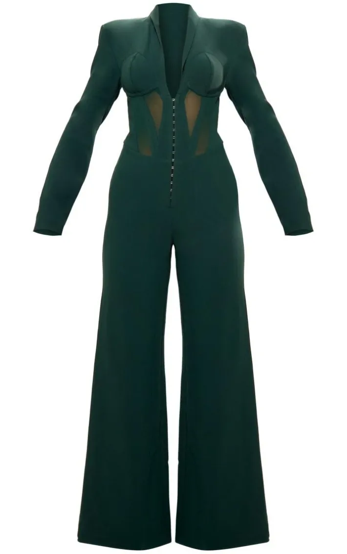 Emerald Green Mesh Panel Tailored Wide Leg Jumpsuit