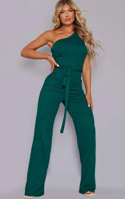 Emerald Green One Shoulder Tie Waist Jumpsuit