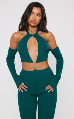 Emerald Green Rib Knit Cut Out Chain Detail Jumpsuit