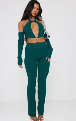 Emerald Green Rib Knit Cut Out Chain Detail Jumpsuit