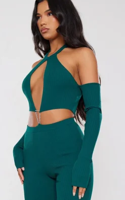 Emerald Green Rib Knit Cut Out Chain Detail Jumpsuit