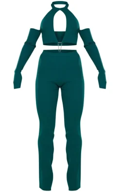 Emerald Green Rib Knit Cut Out Chain Detail Jumpsuit