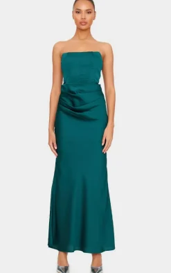 Emerald Green Satin Corset Detail Draped Maxi Dress