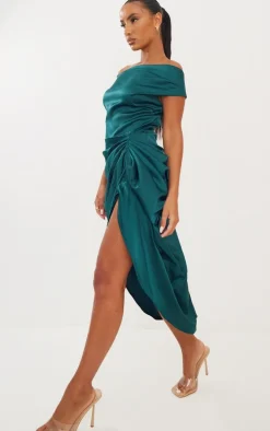 Emerald Green Satin Off The Shoulder Draped Skirt Midi Dress
