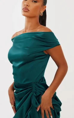 Emerald Green Satin Off The Shoulder Draped Skirt Midi Dress
