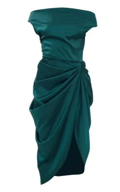 Emerald Green Satin Off The Shoulder Draped Skirt Midi Dress