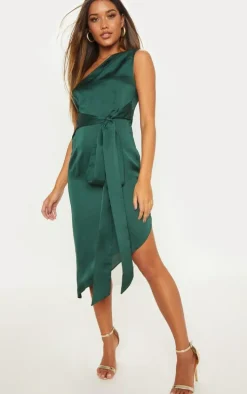 Emerald Green Satin One Shoulder Tie Waist Asymmetric Hem Midi Dress
