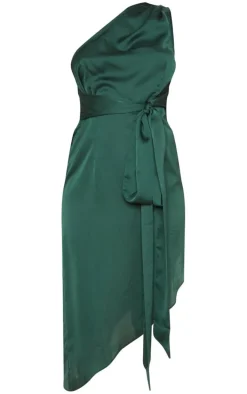 Emerald Green Satin One Shoulder Tie Waist Asymmetric Hem Midi Dress