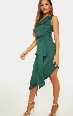 Emerald Green Satin One Shoulder Tie Waist Asymmetric Hem Midi Dress