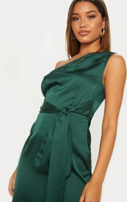Emerald Green Satin One Shoulder Tie Waist Asymmetric Hem Midi Dress