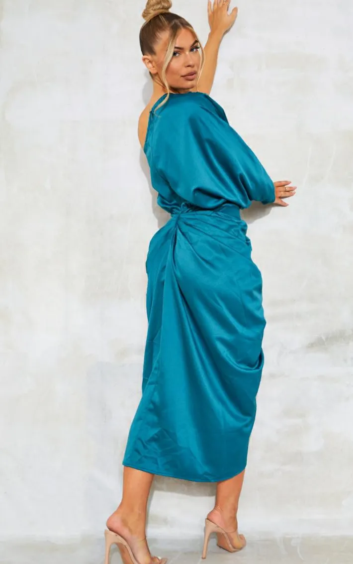 Emerald Green Satin One Shoulder Draped Midi Dress