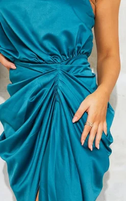 Emerald Green Satin One Shoulder Draped Midi Dress