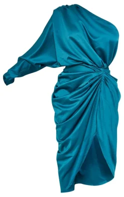 Emerald Green Satin One Shoulder Draped Midi Dress