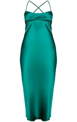 Emerald Green Satin Underbust Cross Back Midi Dress