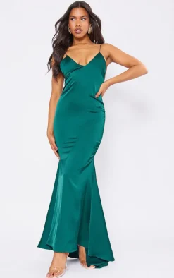 Emerald Green Satin V Neck Maxi Dress