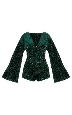Emerald Green Sequin Plunge Tie Flared Sleeve Romper