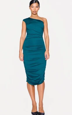 Emerald Green Slinky One Shoulder Ruched Longline Midi Dress
