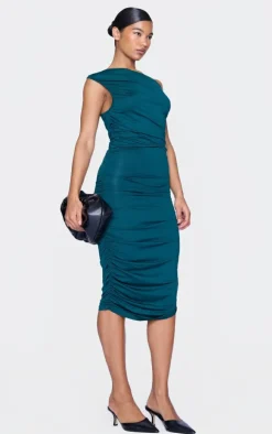 Emerald Green Slinky One Shoulder Ruched Longline Midi Dress