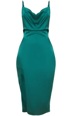 Emerald Green Strappy Satin Cowl Midi Dress