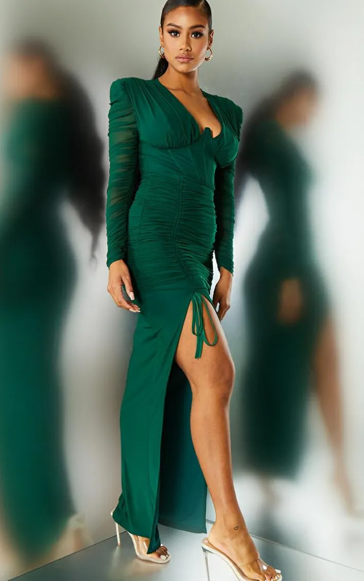 Emerald Green Underbust Detail Ruched Mesh Midaxi Dress