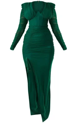 Emerald Green Underbust Detail Ruched Mesh Midaxi Dress