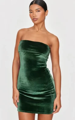 Emerald Green Velvet Bandeau Fold Over Mini Dress