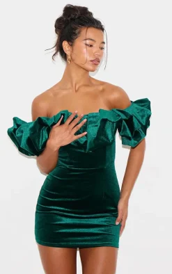 Emerald Green Velvet Bardot Ruffle Bodycon Dress
