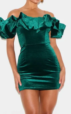 Emerald Green Velvet Bardot Ruffle Bodycon Dress