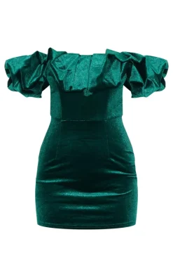 Emerald Green Velvet Bardot Ruffle Bodycon Dress