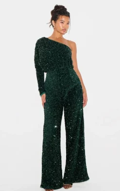 Emerald Green Velvet Sequin One Shoulder Wide Leg Jumpsuit