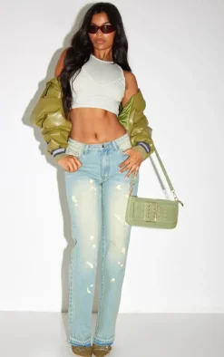 Faded Vintage Wash Splattered Effect Straight Leg Jeans