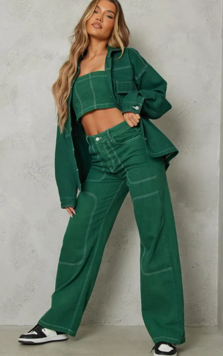 Forest Green Contrast Stitch Bandeau Denim Crop Top