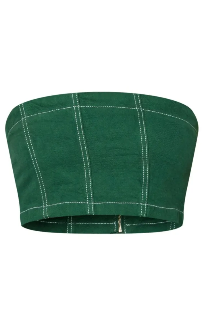 Forest Green Contrast Stitch Bandeau Denim Crop Top