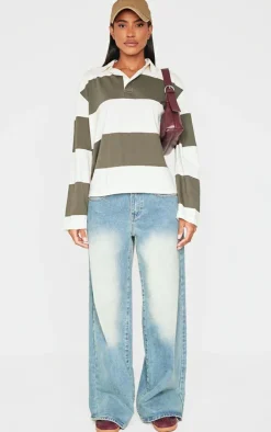 Forest Green Long Sleeve Collard Striped Top