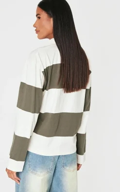 Forest Green Long Sleeve Collard Striped Top