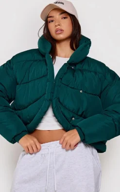 Forest Green Quilted Asymmetric High Neck Puffer Jacket
