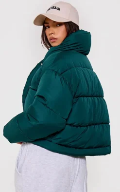 Forest Green Quilted Asymmetric High Neck Puffer Jacket