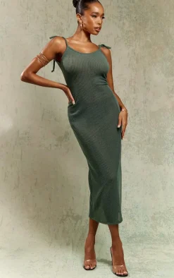 Forest Green Textured Ribbed Tie Strappy Maxi Dress