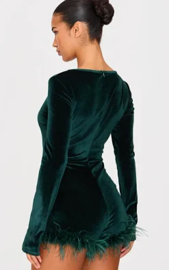 Forest Green Velvet Long Sleeve Feather Trim Romper