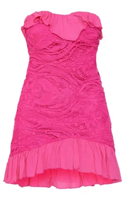 Fuchsia Bandeau Floral Lace Bodycon Dress