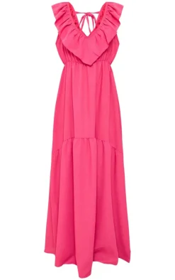 Fuchsia Linen V Neck Ruffle Maxi Dress