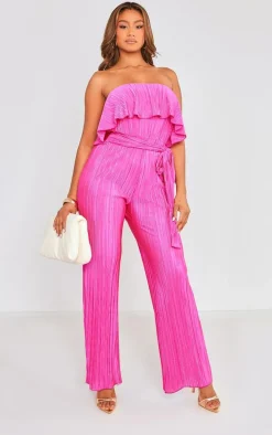 Fuchsia Plisse Tie Waist Tube Jumpsuit