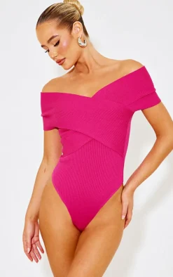 Fuchsia Rib Knit Foldover Twist Bodysuit