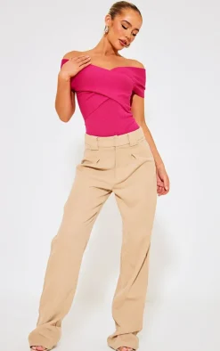 Fuchsia Rib Knit Foldover Twist Bodysuit