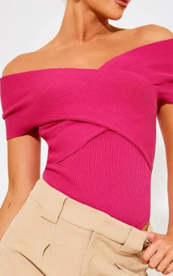 Fuchsia Rib Knit Foldover Twist Bodysuit