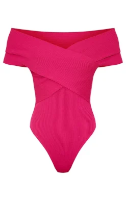 Fuchsia Rib Knit Foldover Twist Bodysuit