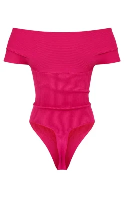Fuchsia Rib Knit Foldover Twist Bodysuit